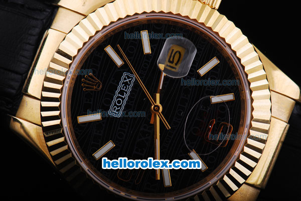 Rolex Datejust Automatic Gold Case with Black Dial-Black Leather Strap - Click Image to Close